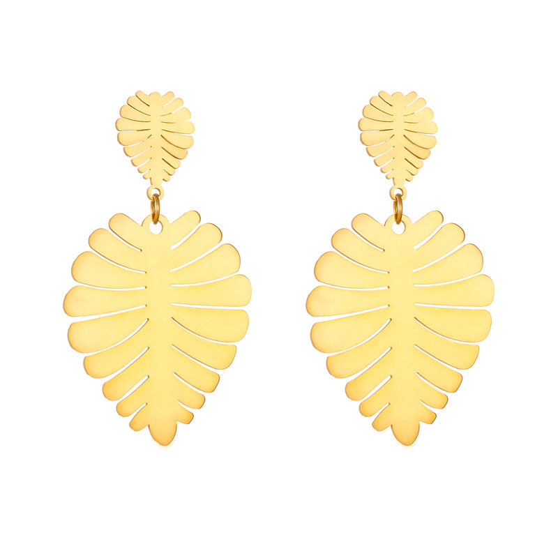 monstera leaf gold earrings