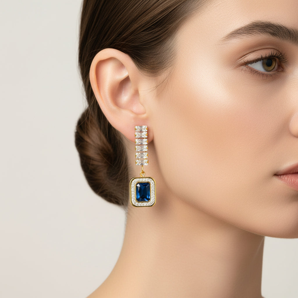 baguette crystal blue cabochon earrings