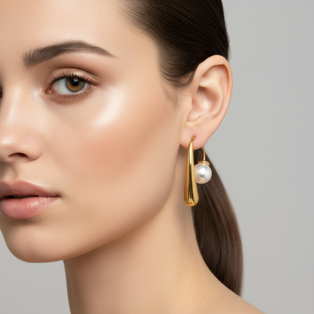 Gold hoop earrings with pearl-like beads on a textured beige surface