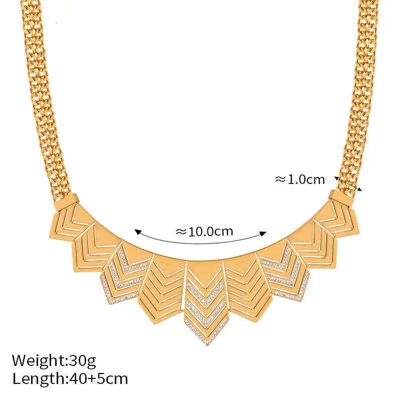 Gold necklace with geometric design and measurements on a white background