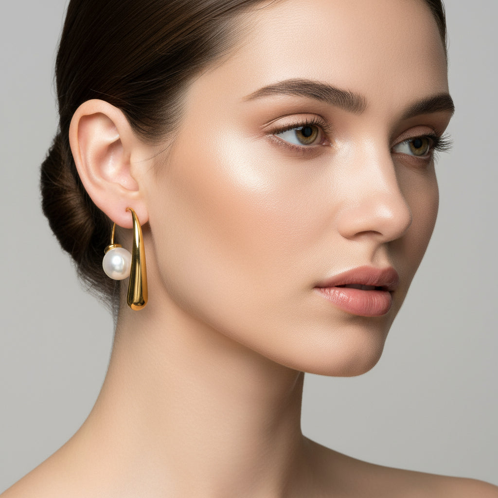 Gold earrings with pearl drops on a white background