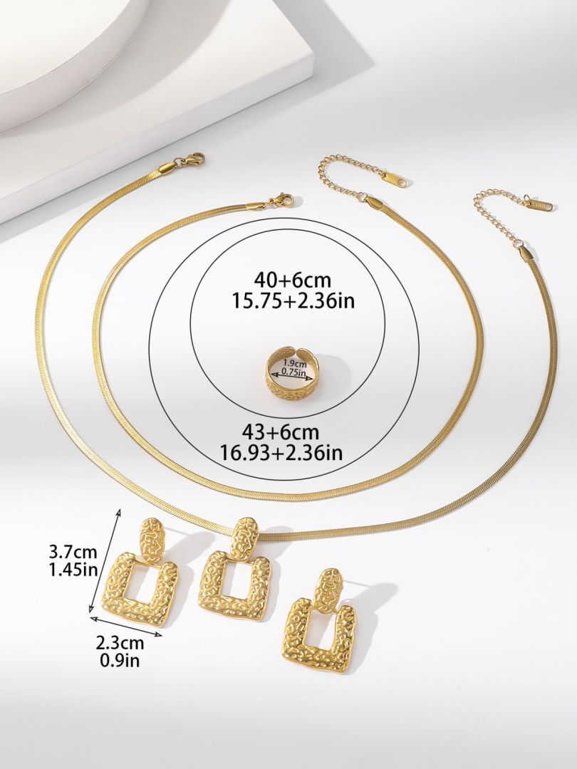 Gold necklace and earrings with measurements on a white background