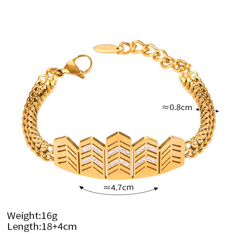 Gold bracelet with geometric design and measurements on a white background