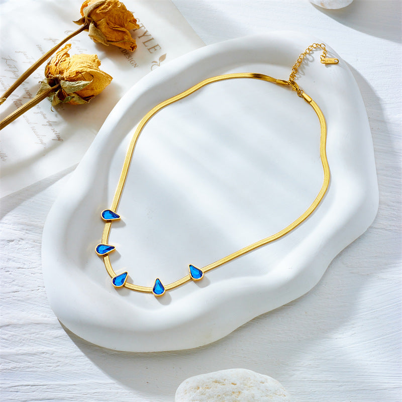 five blue teardrop charm necklace