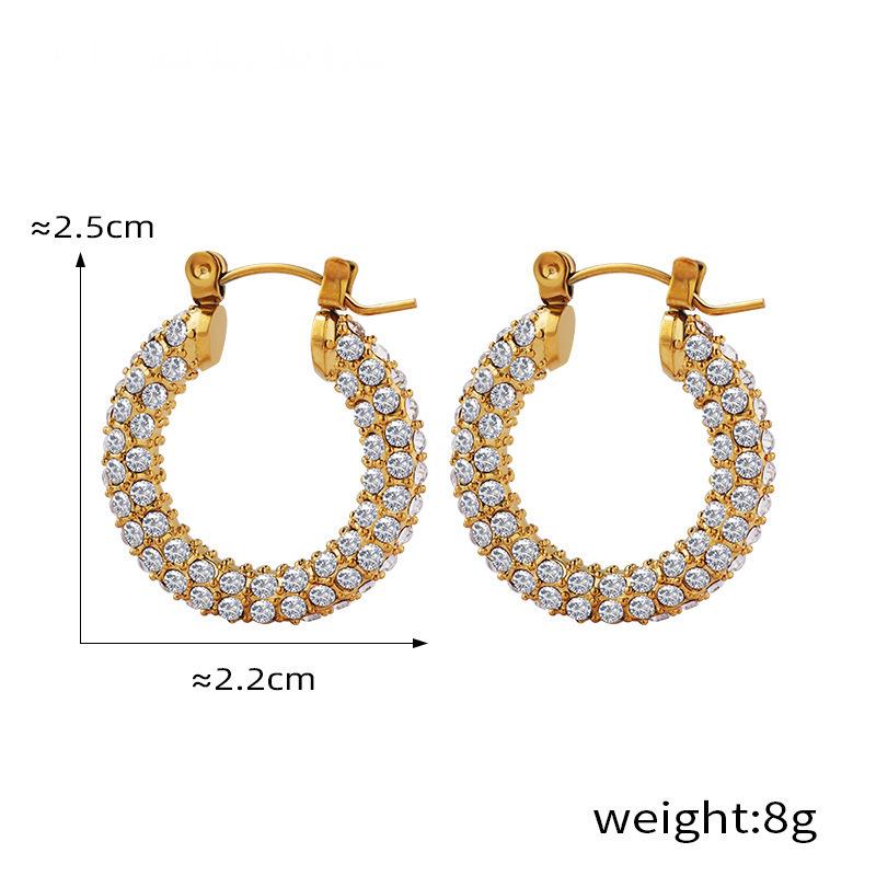 Gold hoop earrings with gemstones, shown with measurements and weight on a white background.