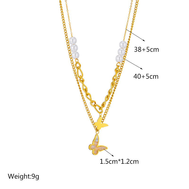 Gold necklace with butterfly pendant and pearl beads, showing measurements and weight on a white background.