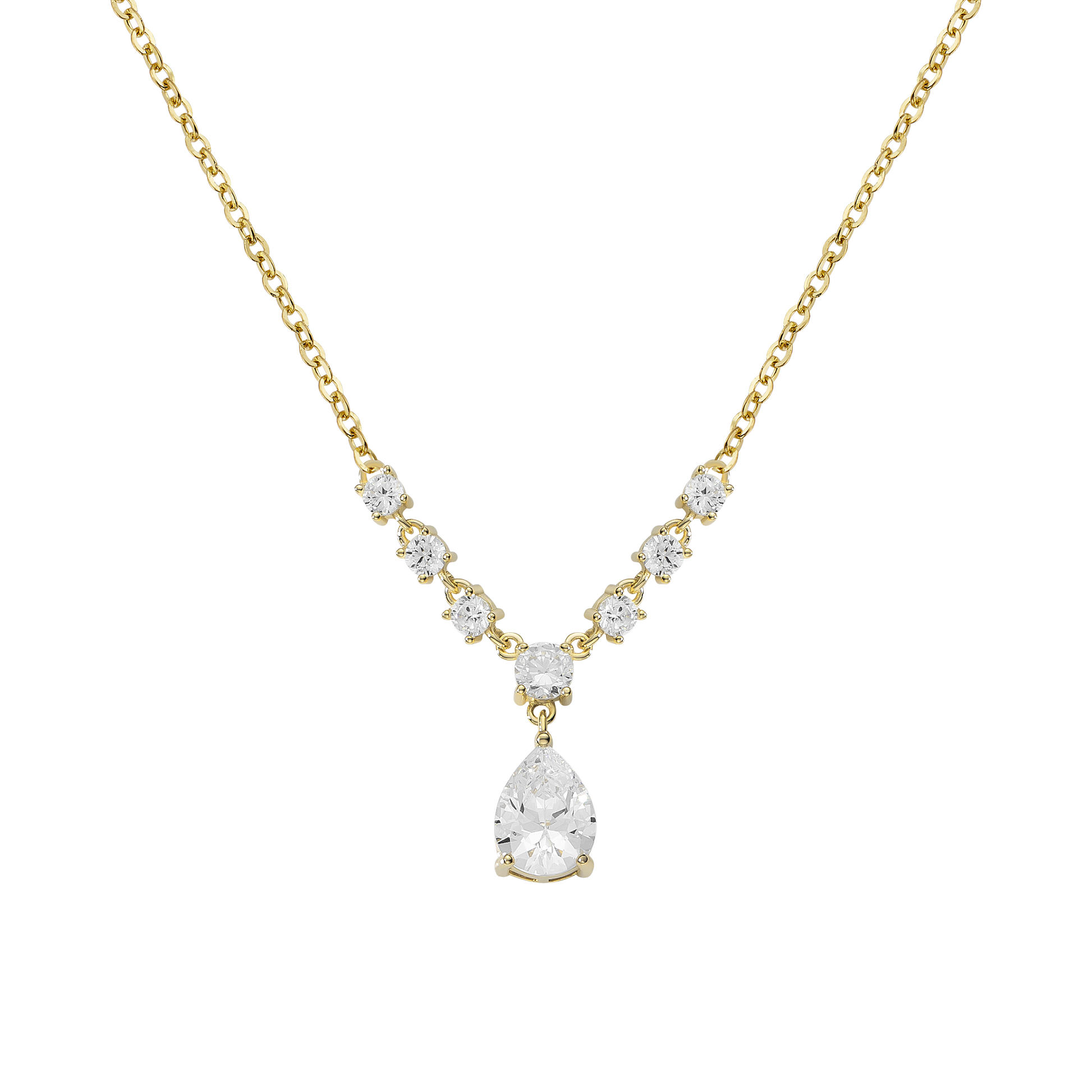 Gold necklace with a teardrop-shaped diamond pendant on a white background