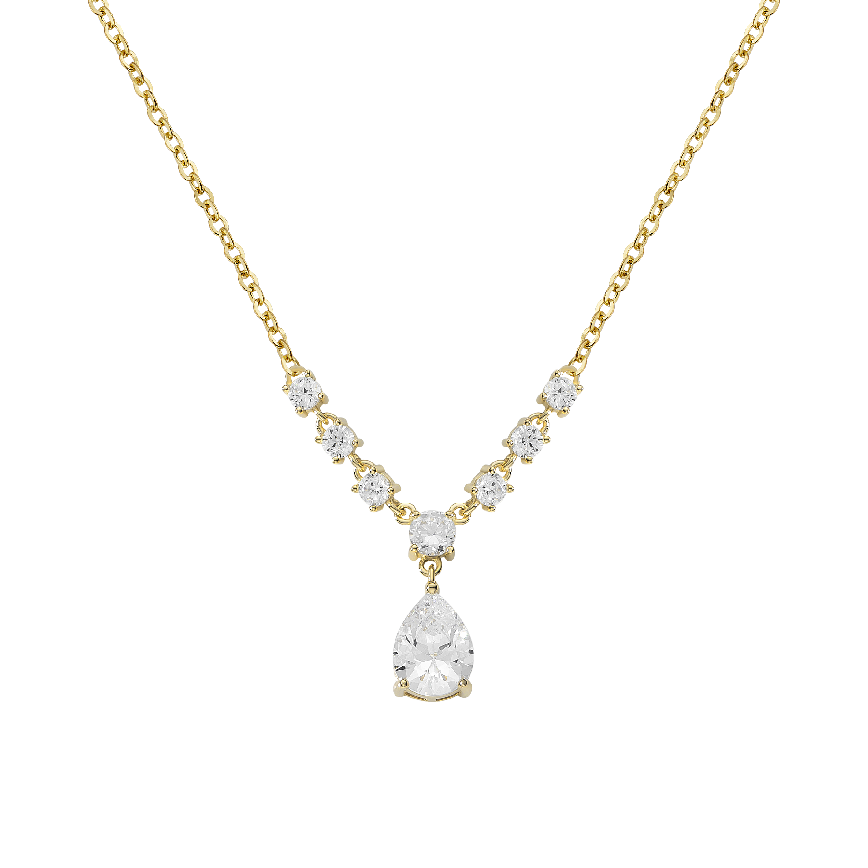 Gold necklace with a teardrop-shaped diamond pendant on a white background