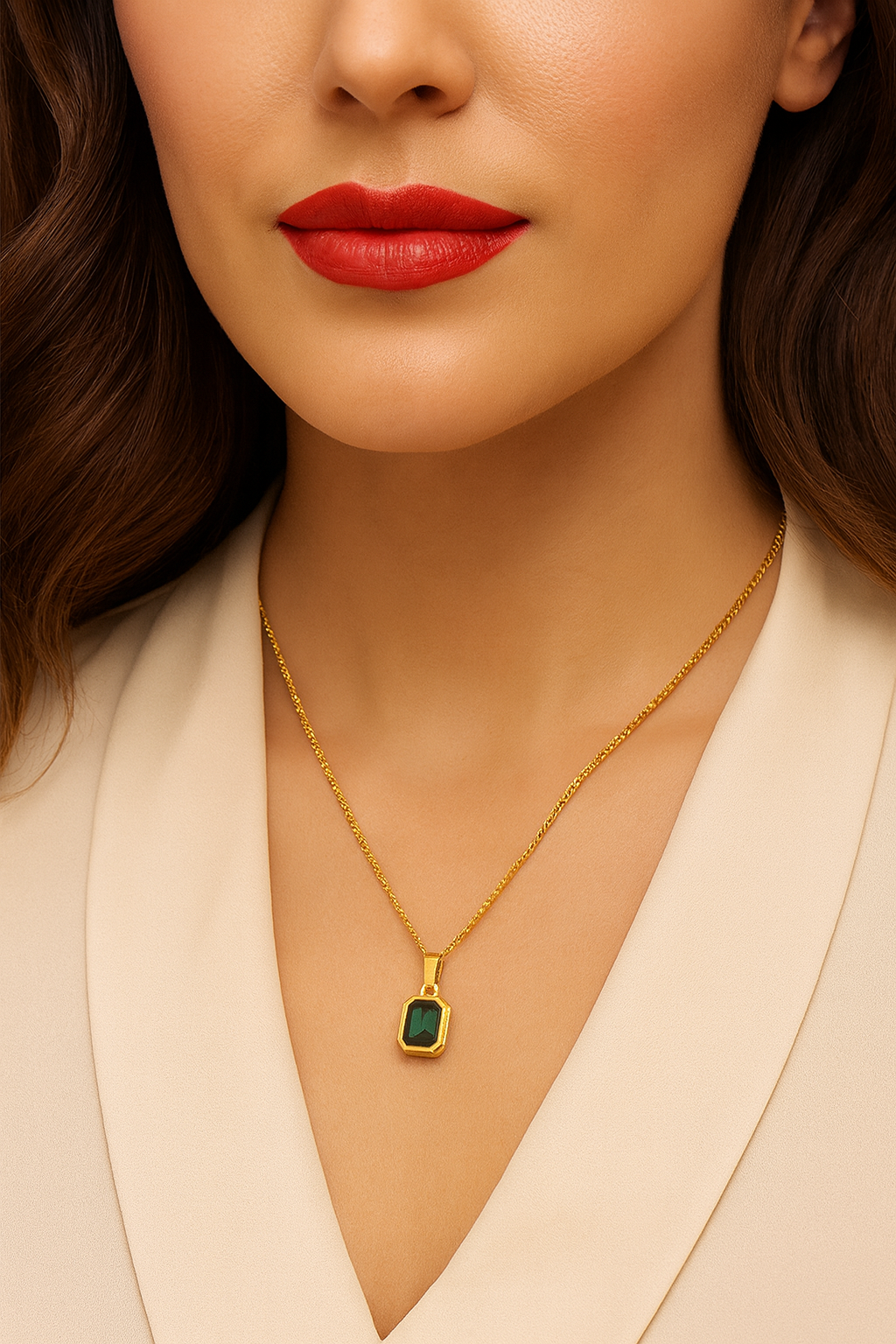 emerald green rectangular stone gold pendant