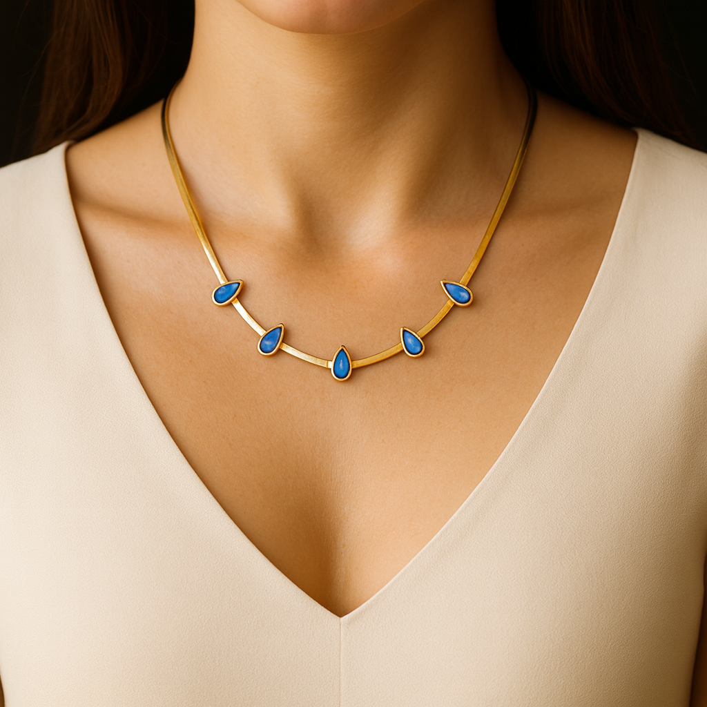 five blue teardrop charm necklace