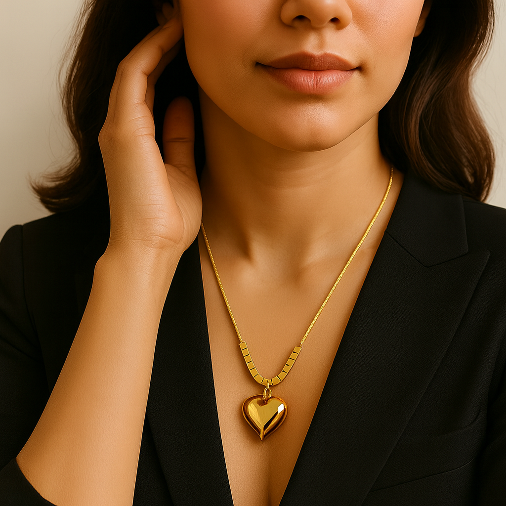 Woman wearing a gold heart-shaped necklace against a neutral background