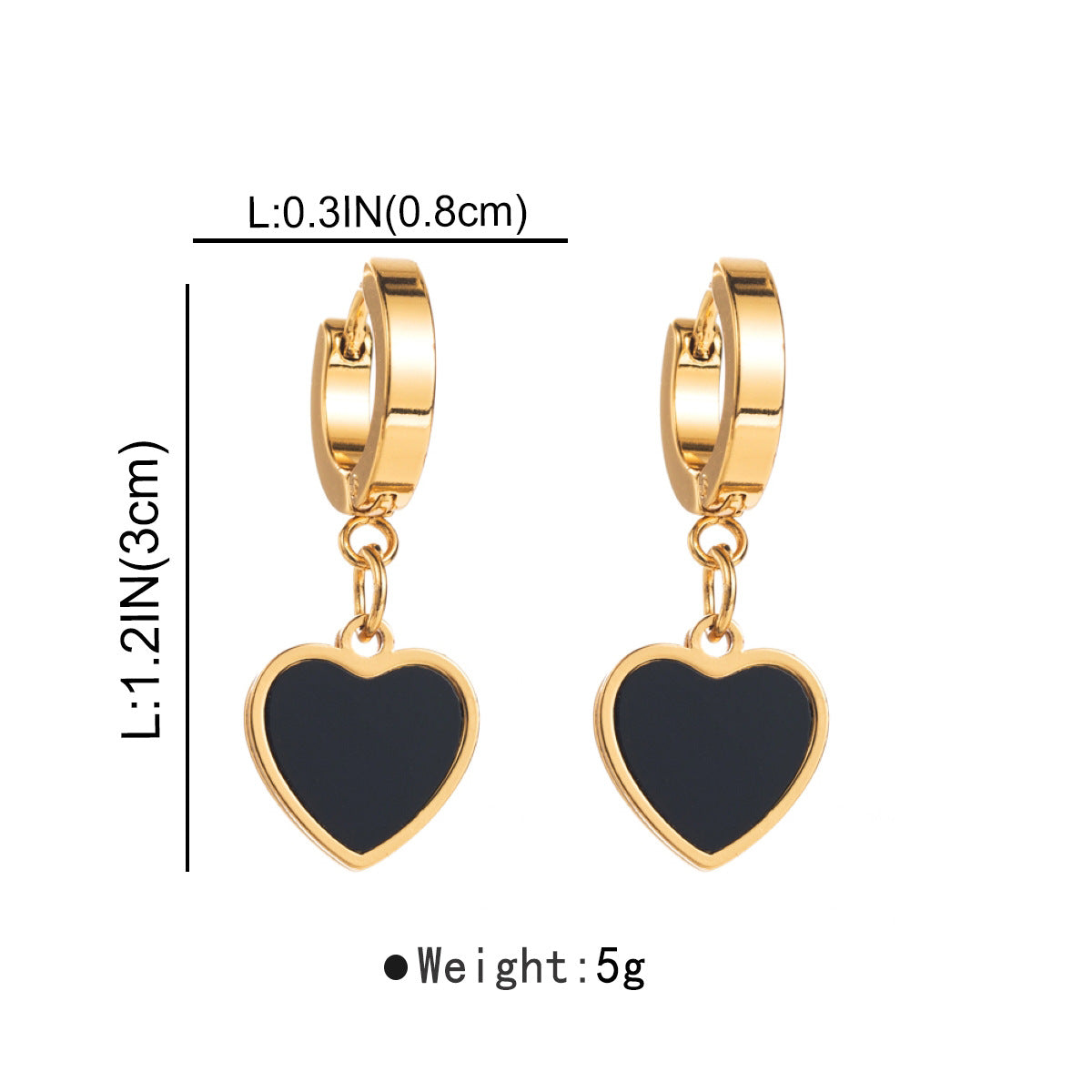 Gold hoop earrings with black heart charms and measurements on a white background