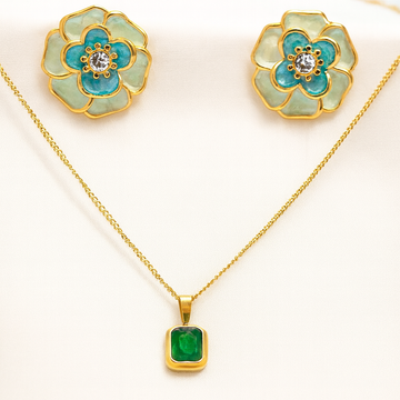 Jewelry set with flower-shaped earrings and a pendant on a white background