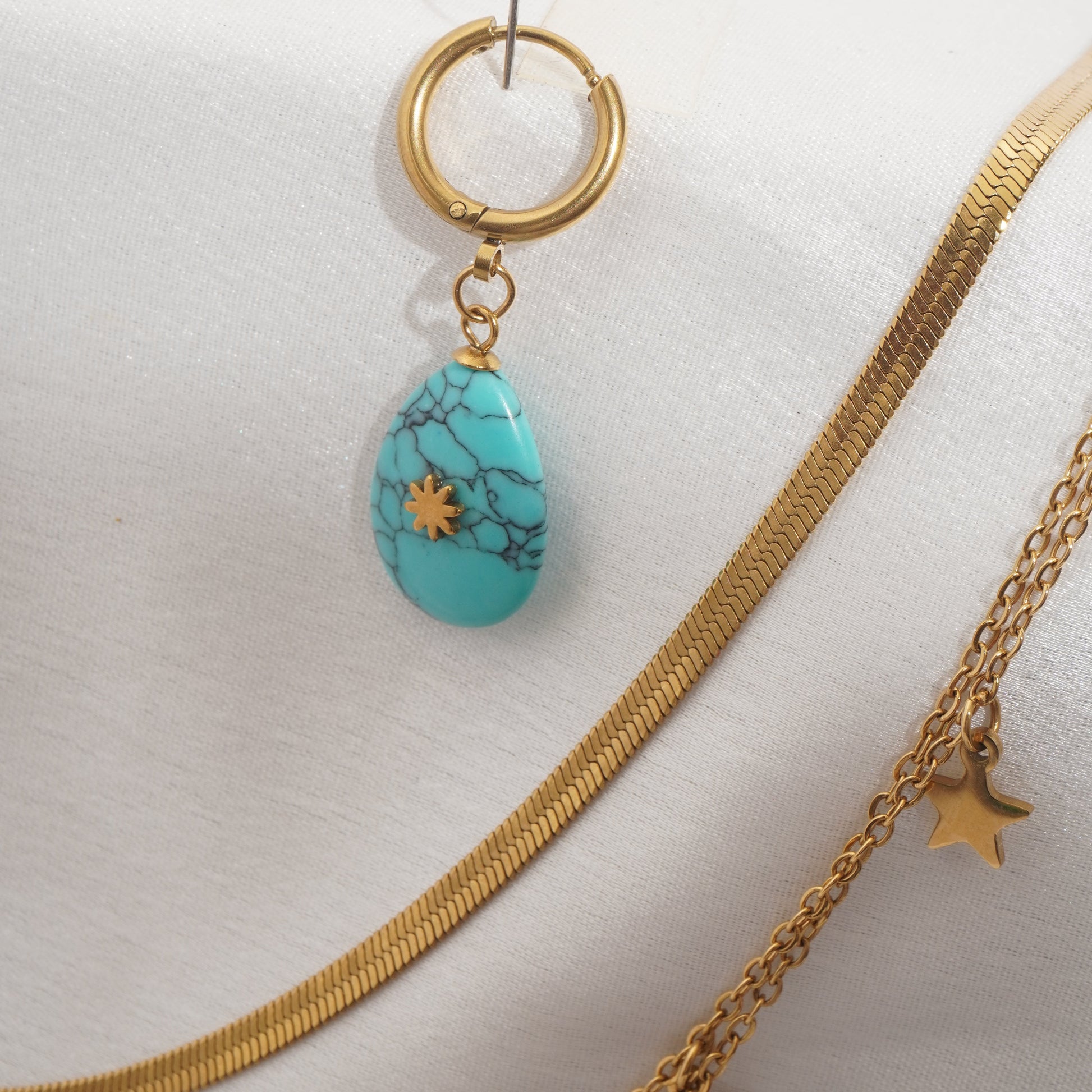 Gold necklace with star charms and turquoise pendant on a white background