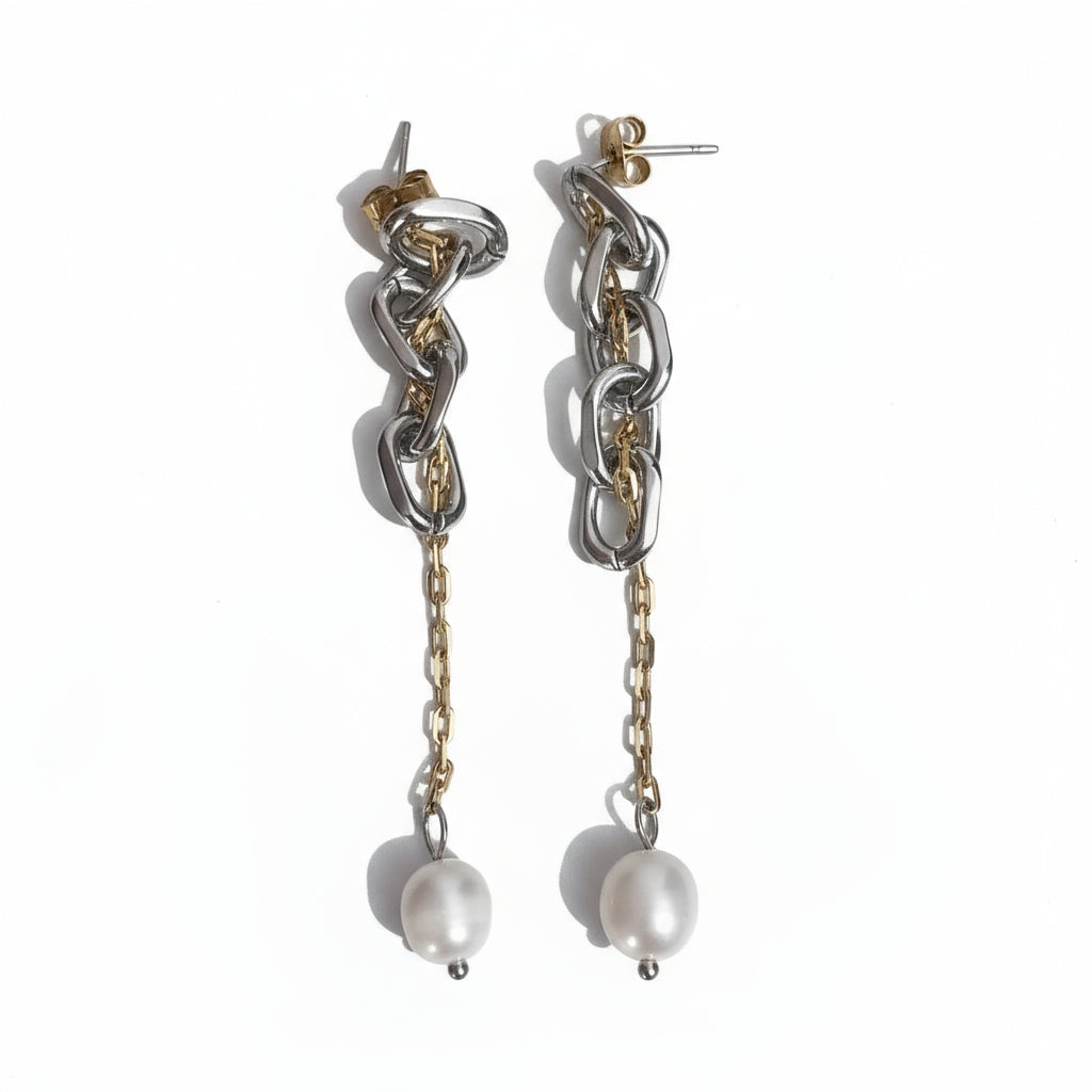 modern chain drop earrings with pearls