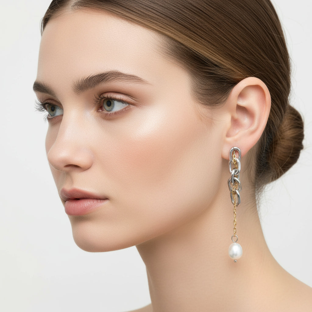 mixed metal chain pearl drop earrings