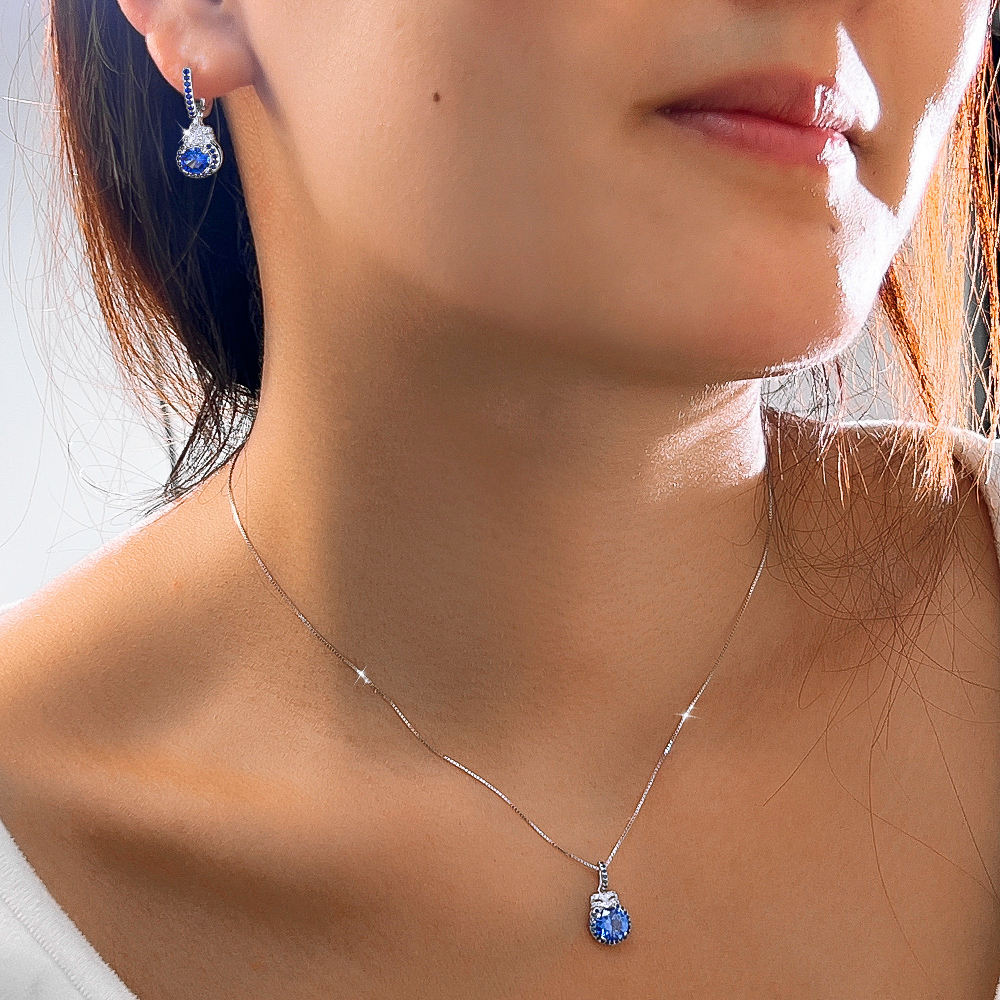 blue solitaire silver necklace earrings